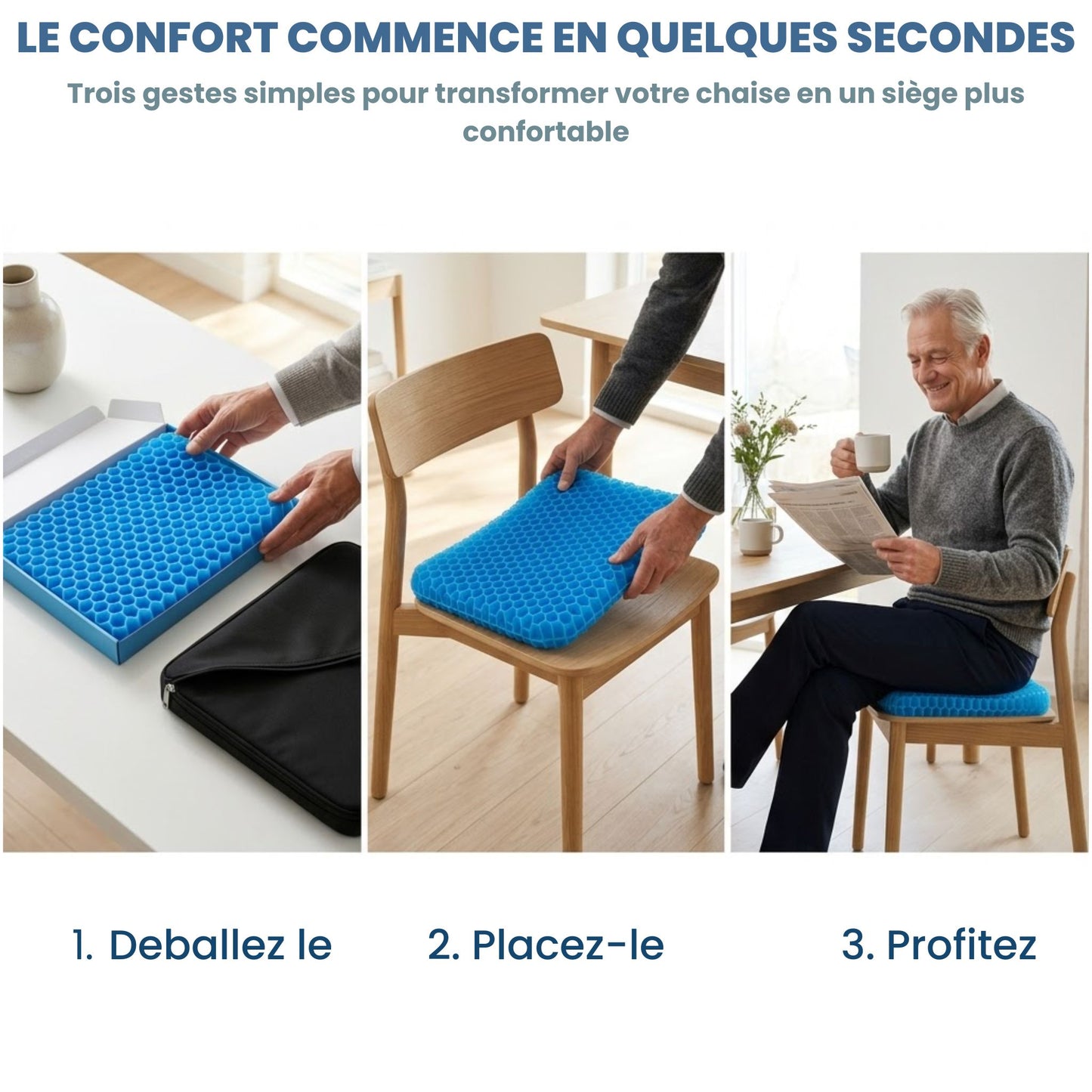 dosserein™ – Le coussin ergonomique pour les séniors qui veulent retrouver le plaisir de rester assis.